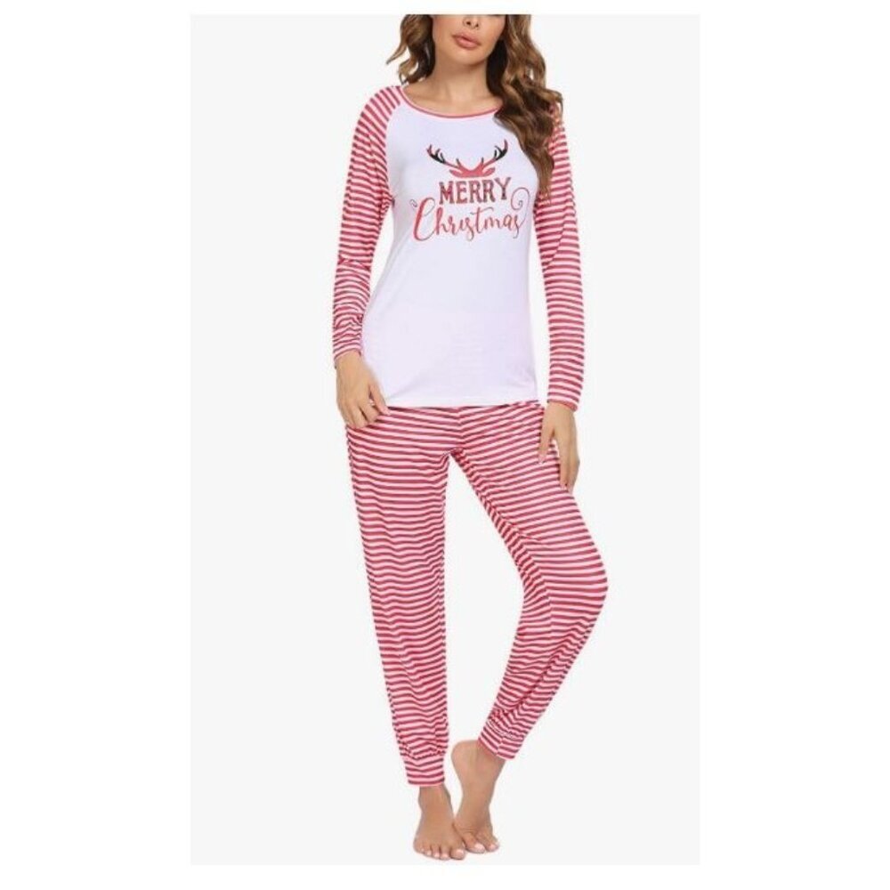 Merry Christmas Plaid Deer Antler Pajama Set Long Sleeve Print Tops and Striped